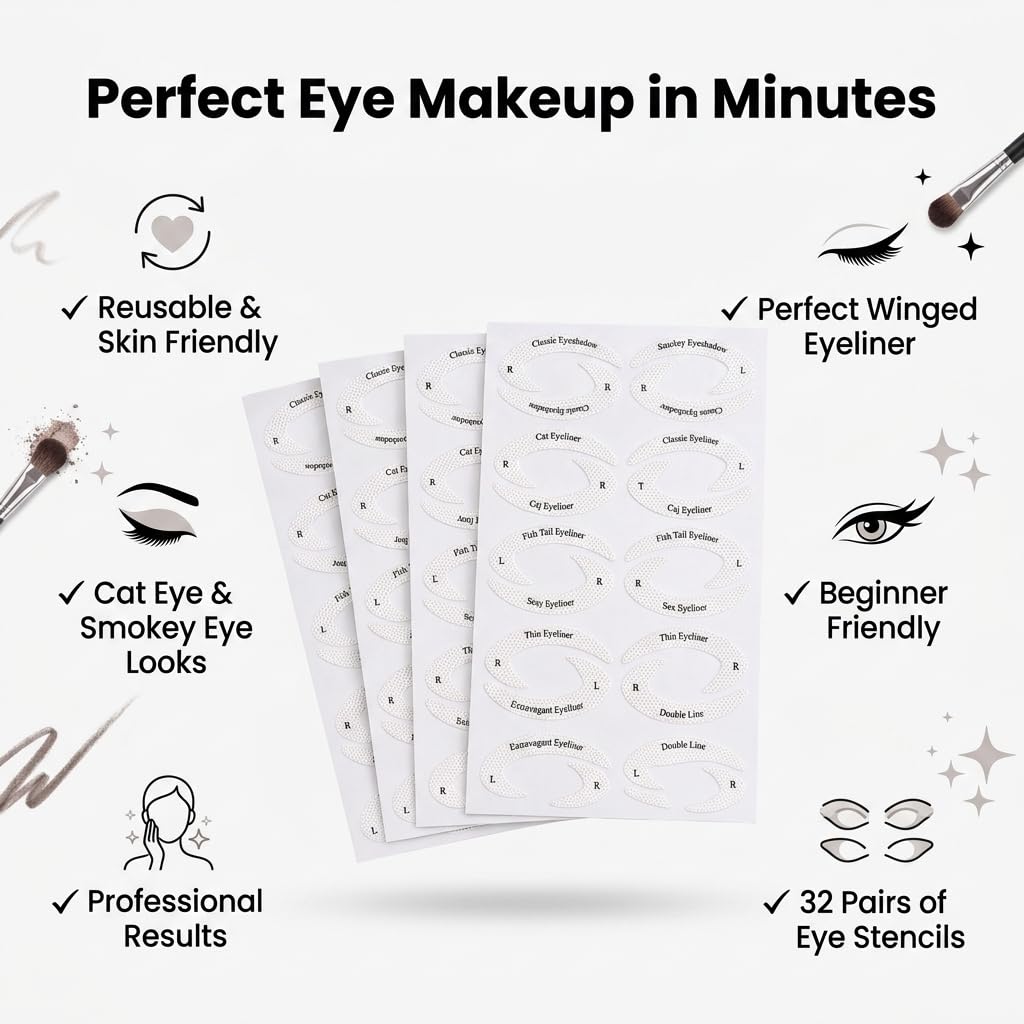 Eyeliner & Eyeshadow Stencil Stickers — 32 Pairs, 8 Styles (4 Sheets)