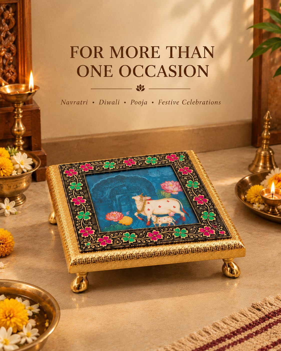 Handcrafted Brass-Finished Pichwai Puja Chowki