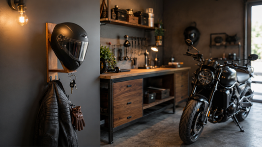Best way to store motorcycle helmets using a wooden wall-mounted helmet holder