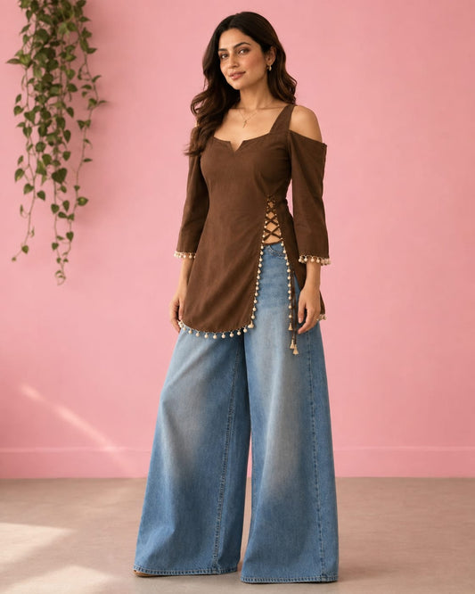Cocoa Cold-Shoulder Lace-Up Tunic