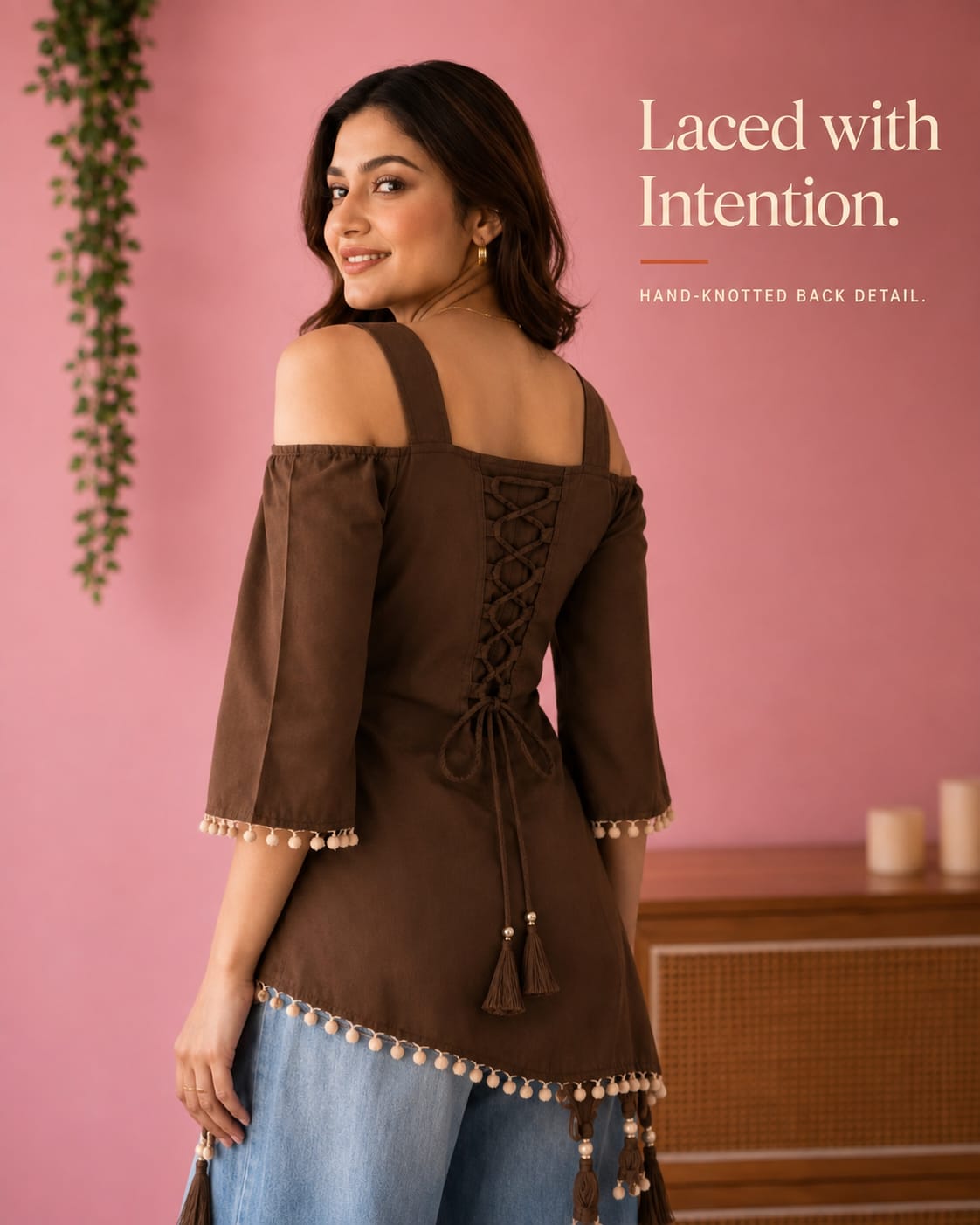 Cocoa Cold-Shoulder Lace-Up Tunic