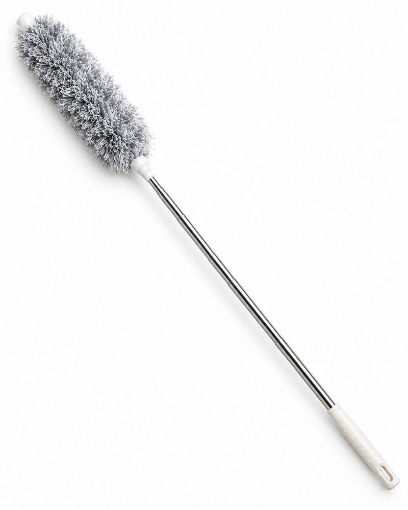 Detachable grey microfiber duster head and metal handle stored separately in a drawer