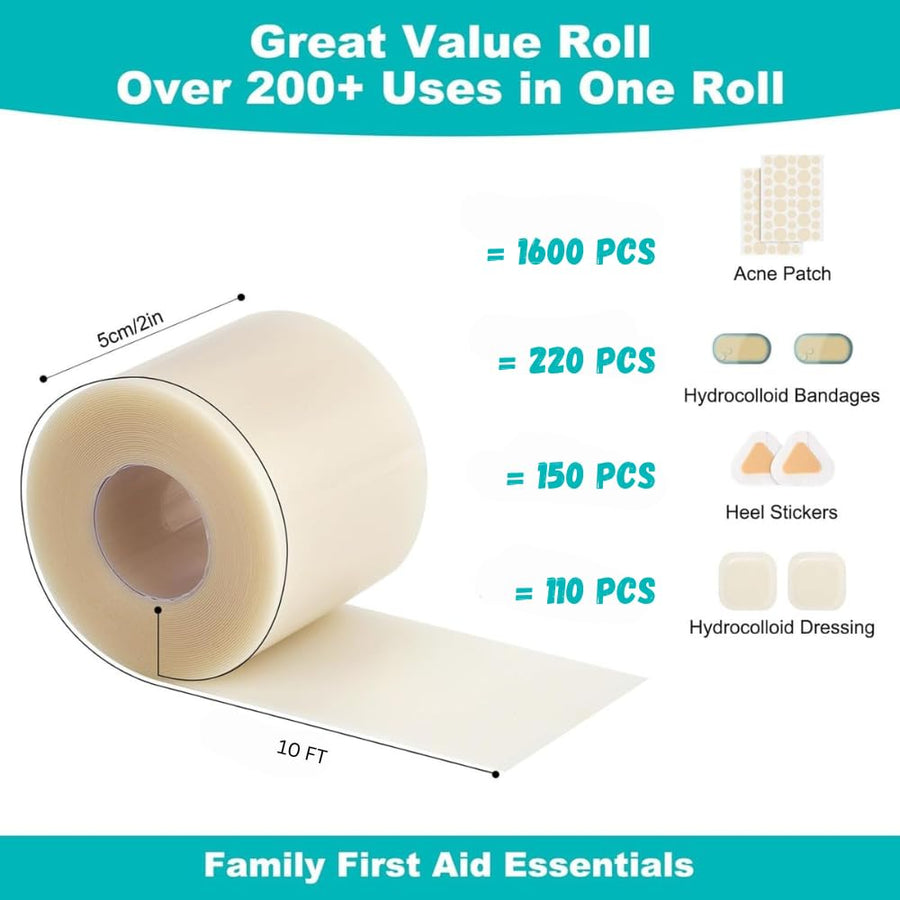 Hydrocolloid Pimple Patch Roll (10 FT / 200+ Cuts) – Invisible Matte Overnight Acne Zit Absorbing Bandage for Face & Body