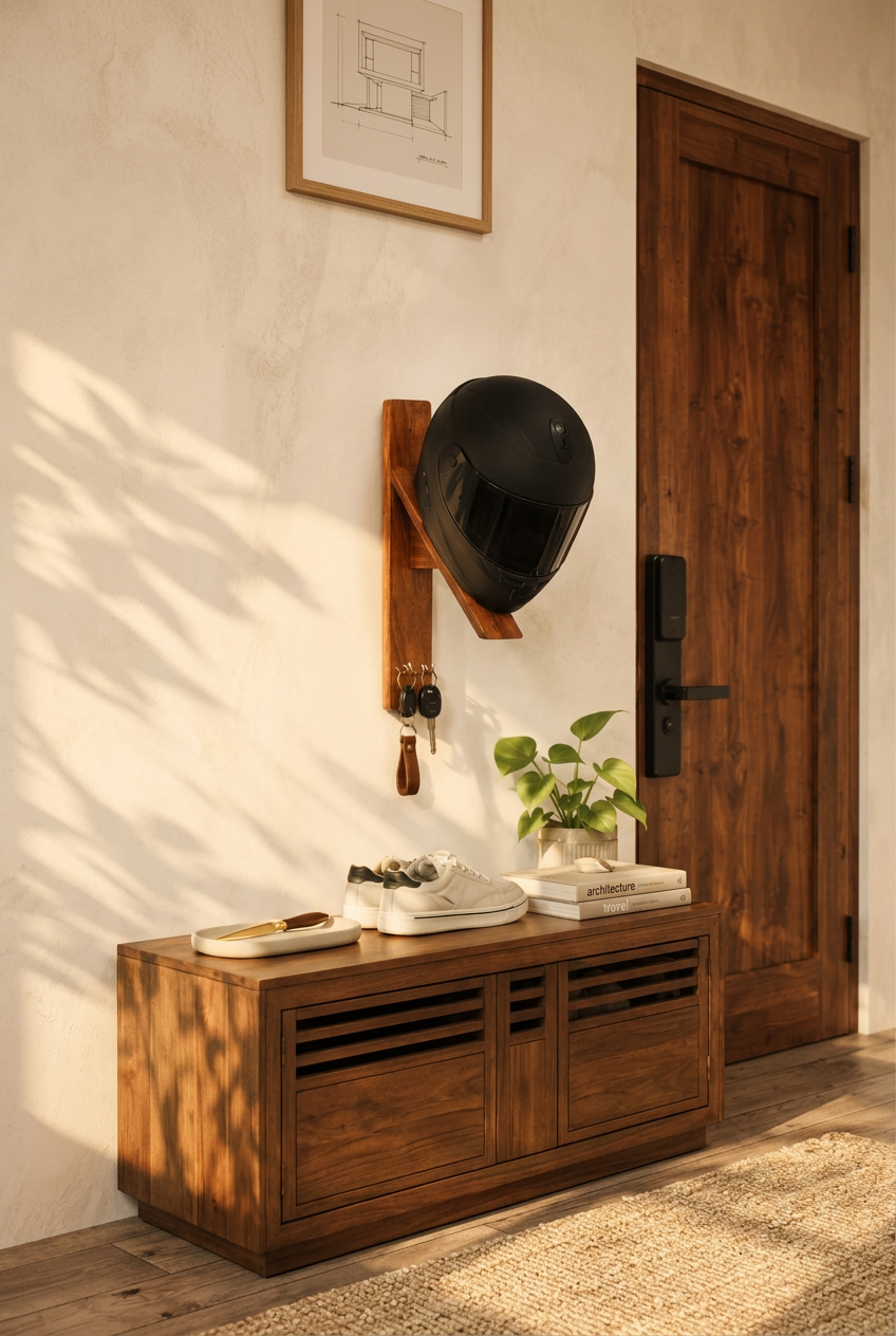 After: helmet, keys and jacket organized on a teak mount
