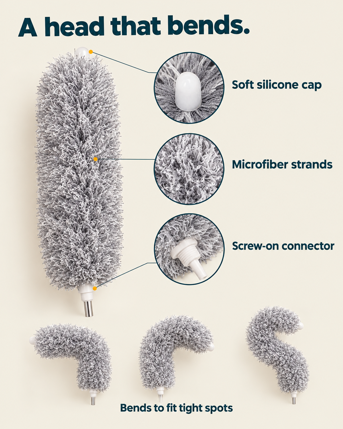 Extendable microfiber duster cleaning bedroom furniture, under a bed and around wardrobes