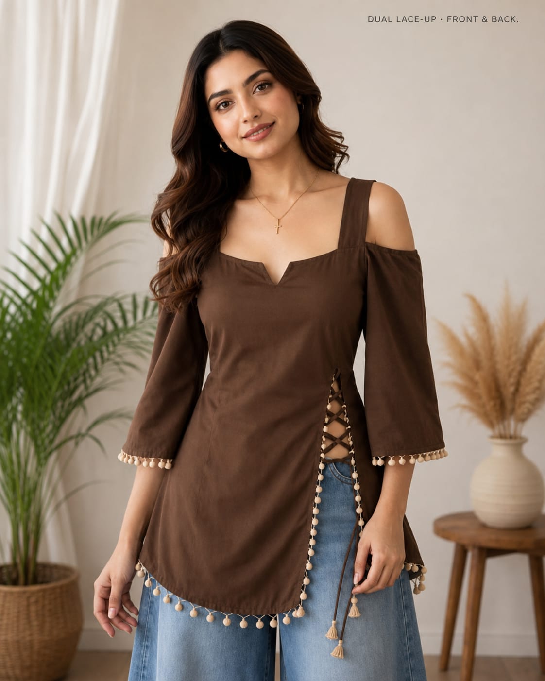 Cocoa Cold-Shoulder Lace-Up Tunic