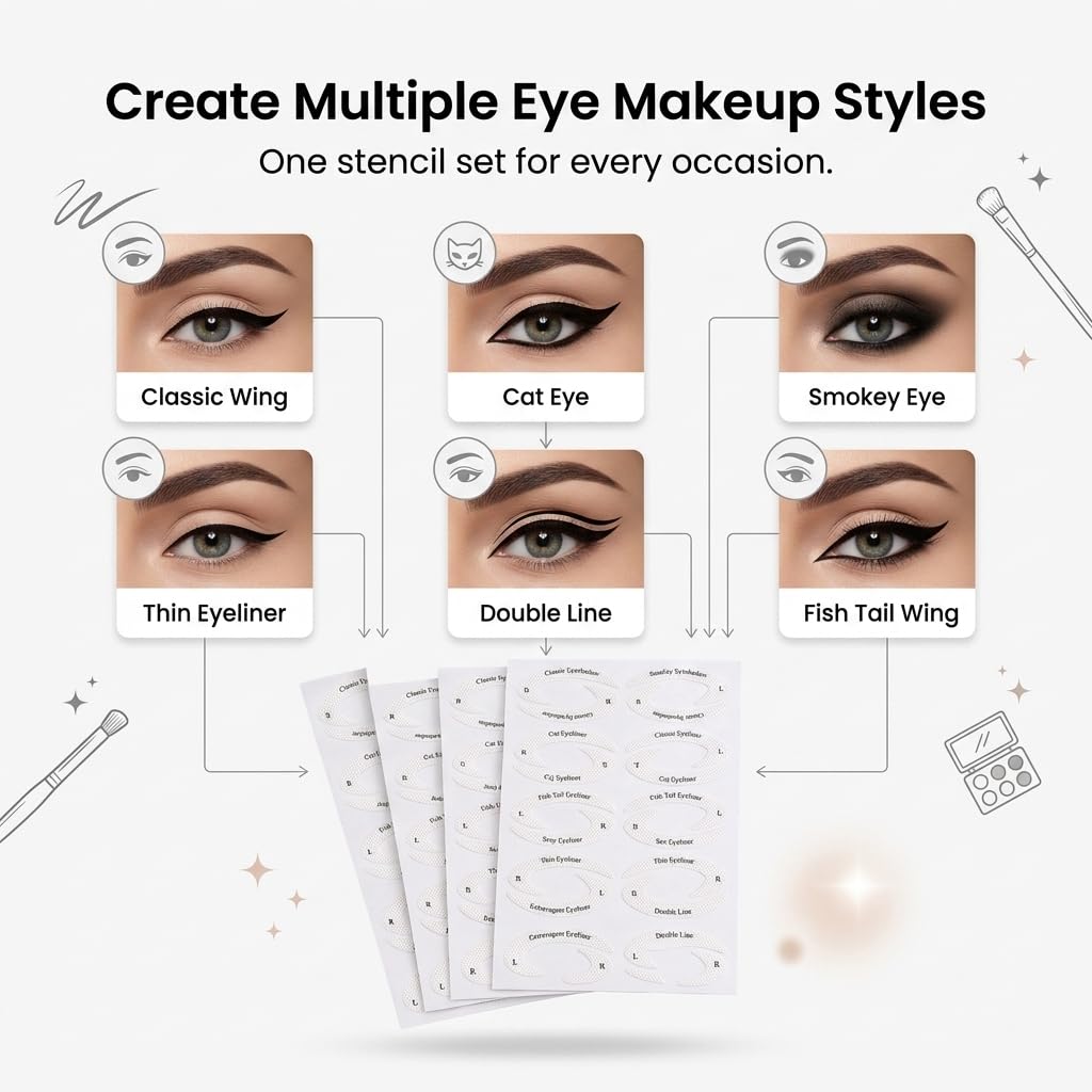 Eyeliner & Eyeshadow Stencil Stickers — 32 Pairs, 8 Styles (4 Sheets)