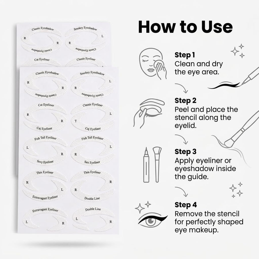 Eyeliner & Eyeshadow Stencil Stickers — 32 Pairs, 8 Styles (4 Sheets)