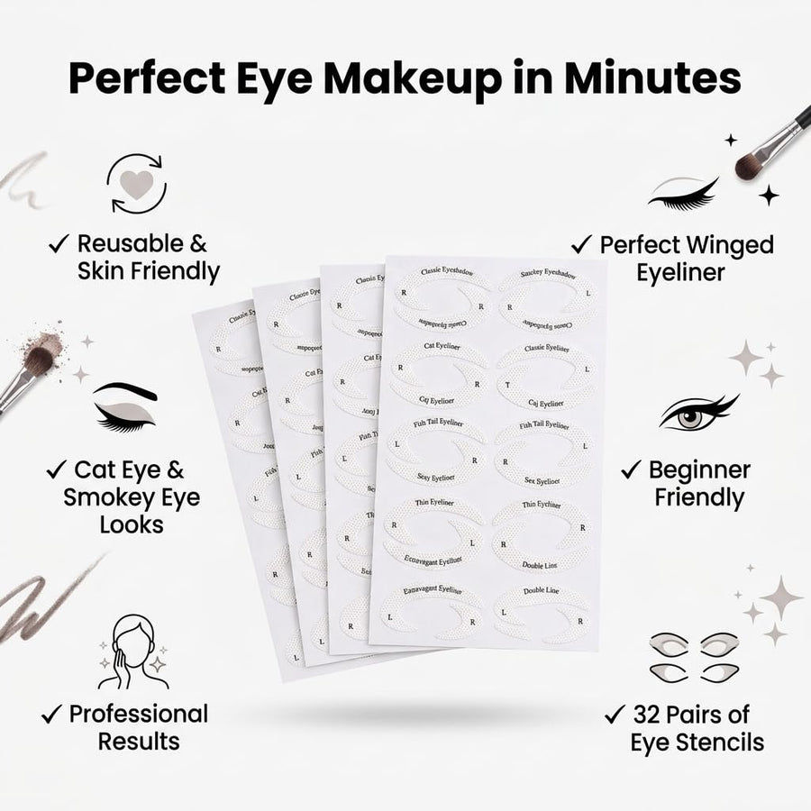 Eyeliner & Eyeshadow Stencil Stickers — 32 Pairs, 8 Styles (4 Sheets)