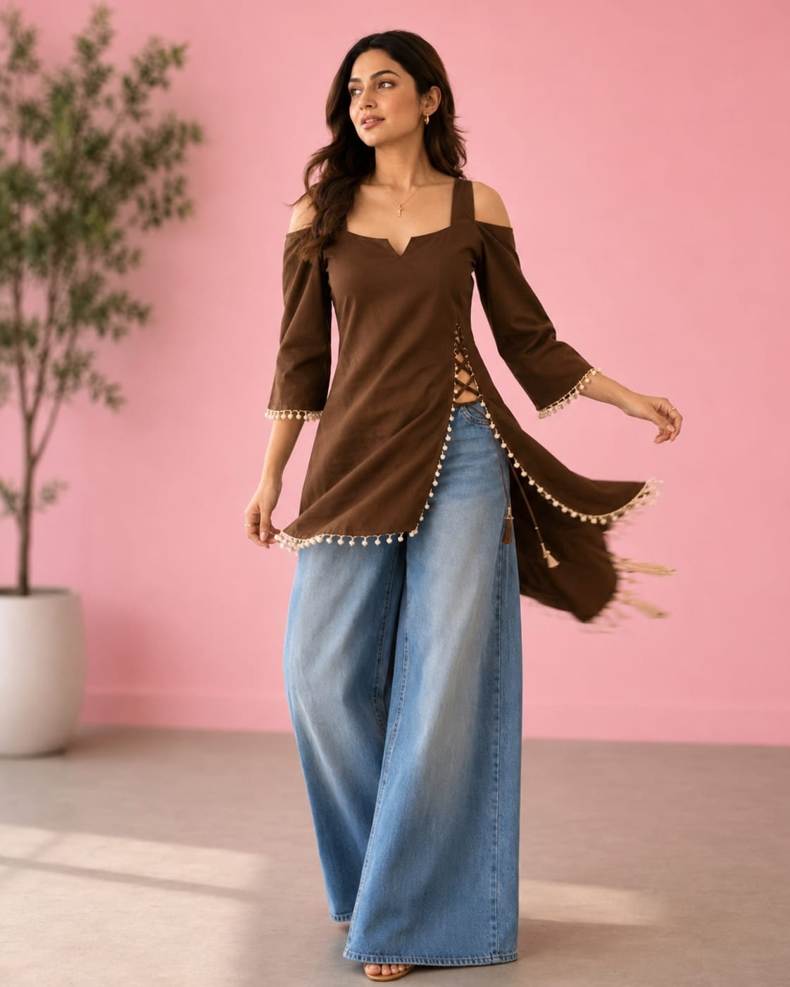 Cocoa Cold-Shoulder Lace-Up Tunic
