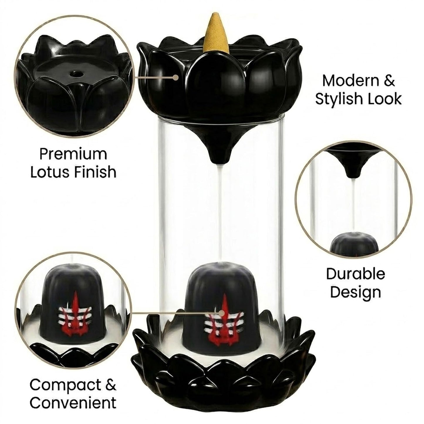 Drop Shelf Shivling Fountain Incense Holder – Lotus Backflow Incense Burner for Home Temple, Meditation & Spiritual Décor