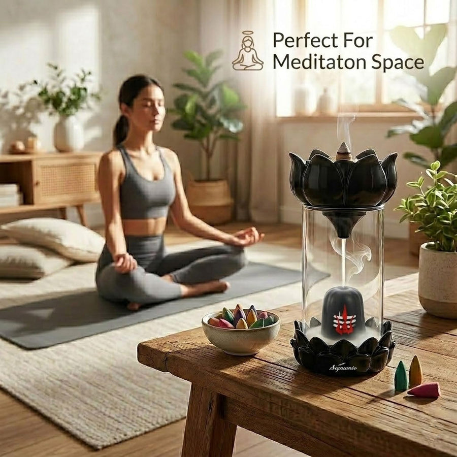 Drop Shelf Shivling Fountain Incense Holder – Lotus Backflow Incense Burner for Home Temple, Meditation & Spiritual Décor
