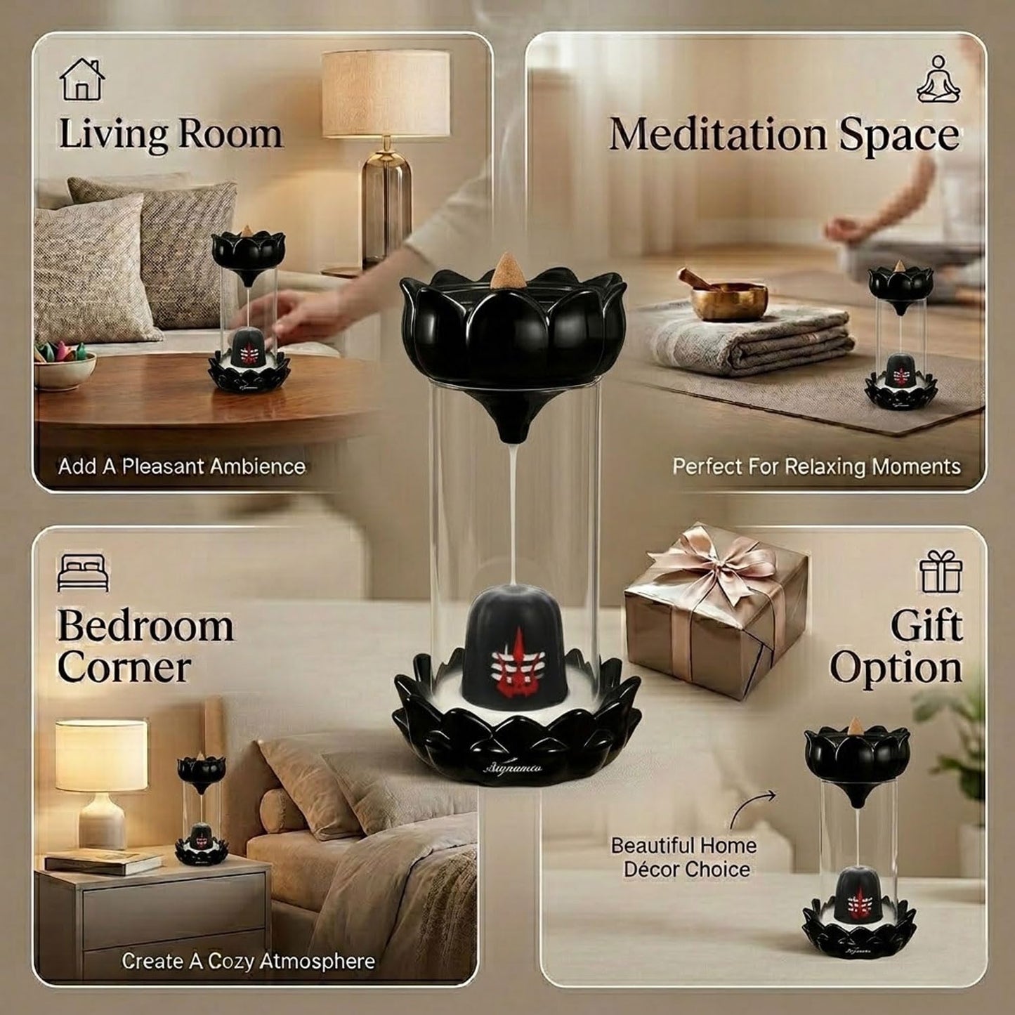 Drop Shelf Shivling Fountain Incense Holder – Lotus Backflow Incense Burner for Home Temple, Meditation & Spiritual Décor