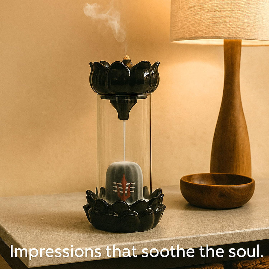Drop Shelf Shivling Fountain Incense Holder – Lotus Backflow Incense Burner for Home Temple, Meditation & Spiritual Décor