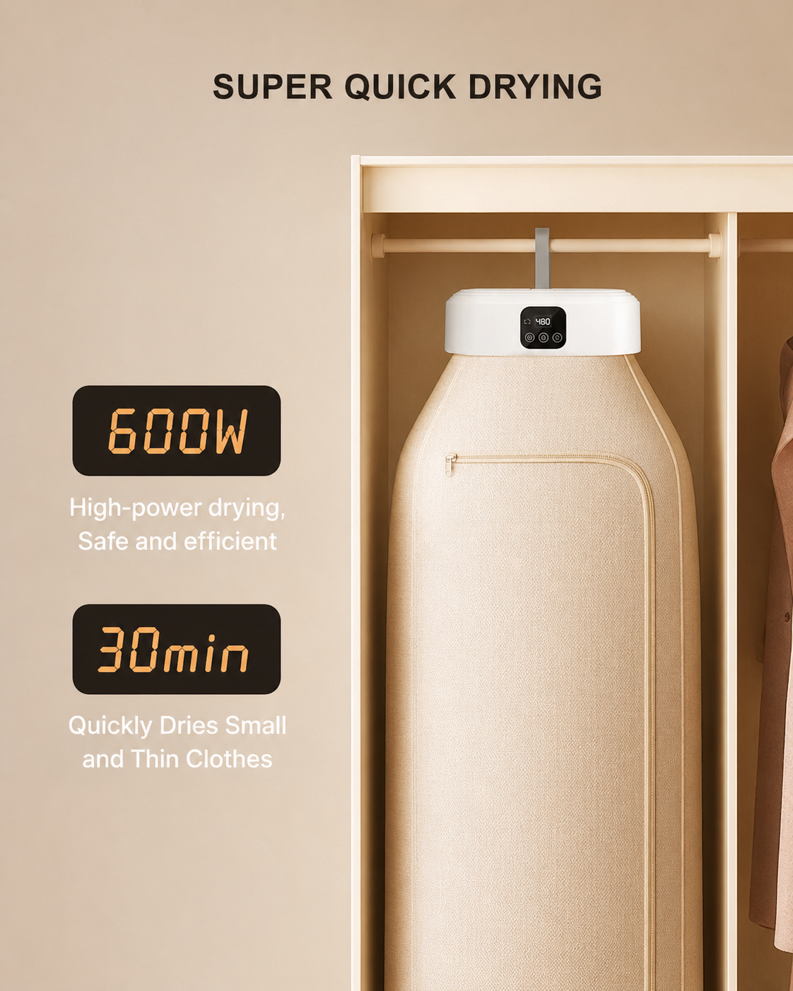 Portable Foldable Hot Air Drying Wardrobe | 600W Fast Drying | Timer Function