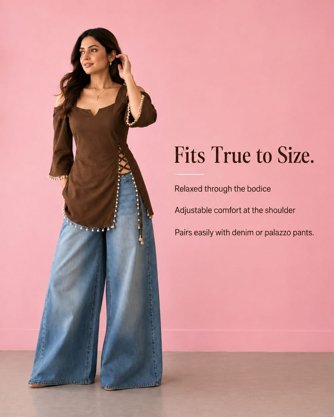Cocoa Cold-Shoulder Lace-Up Tunic