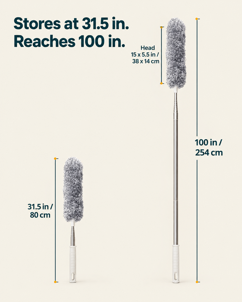 Telescopic microfiber duster with fluffy grey cleaning head and extendable metal handle