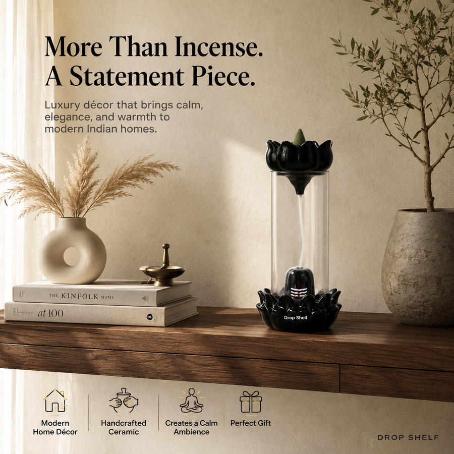 Drop Shelf Shivling Fountain Incense Holder – Lotus Backflow Incense Burner for Home Temple, Meditation & Spiritual Décor