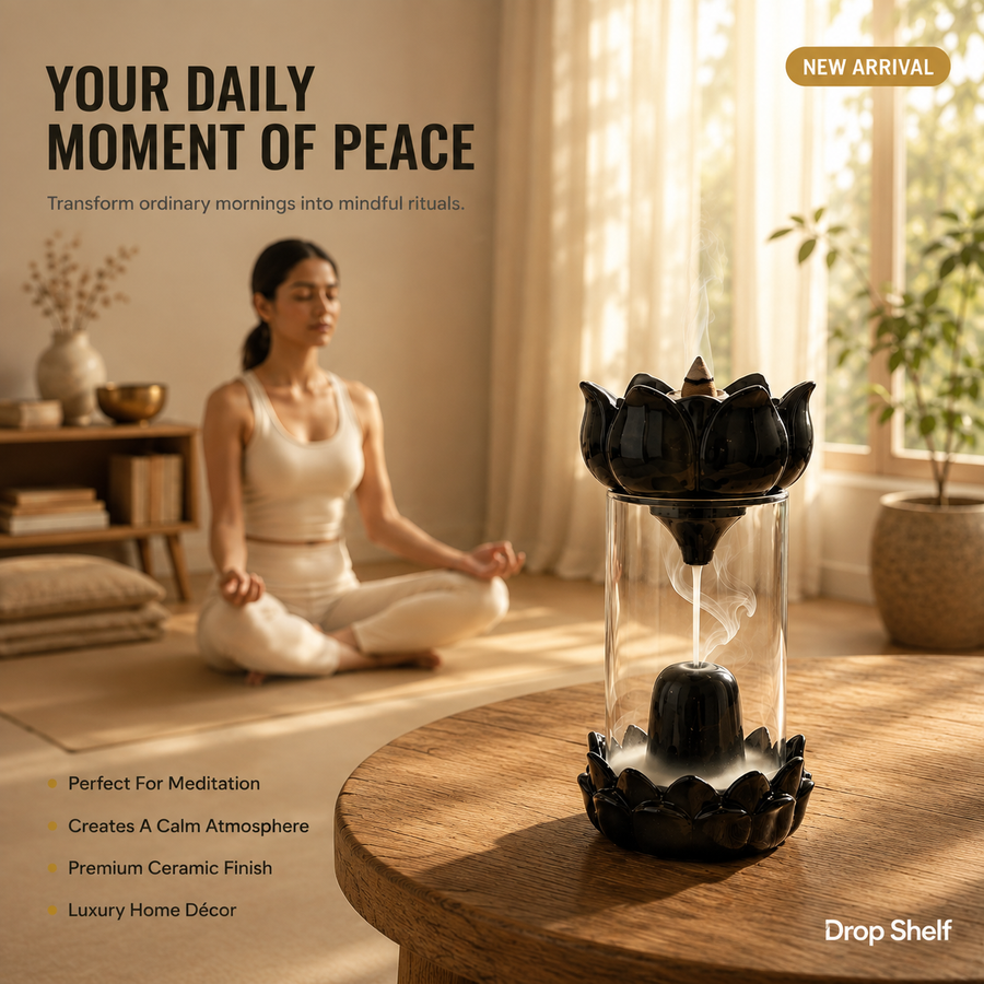 Drop Shelf Shivling Fountain Incense Holder – Lotus Backflow Incense Burner for Home Temple, Meditation & Spiritual Décor
