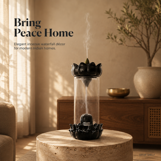 Drop Shelf Shivling Fountain Incense Holder – Lotus Backflow Incense Burner for Home Temple, Meditation & Spiritual Décor