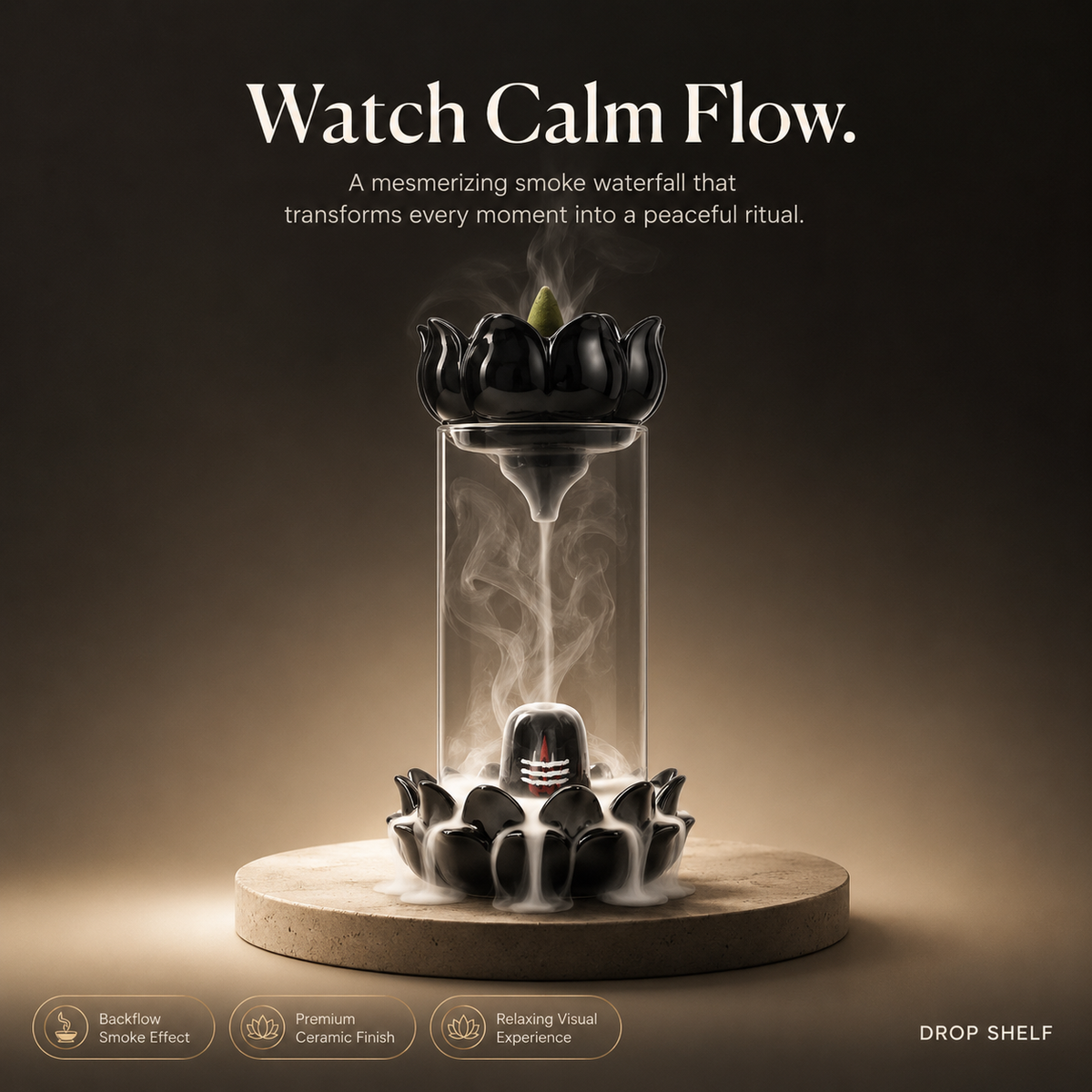Drop Shelf Shivling Fountain Incense Holder – Lotus Backflow Incense Burner for Home Temple, Meditation & Spiritual Décor