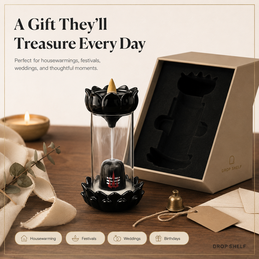 Drop Shelf Shivling Fountain Incense Holder – Lotus Backflow Incense Burner for Home Temple, Meditation & Spiritual Décor