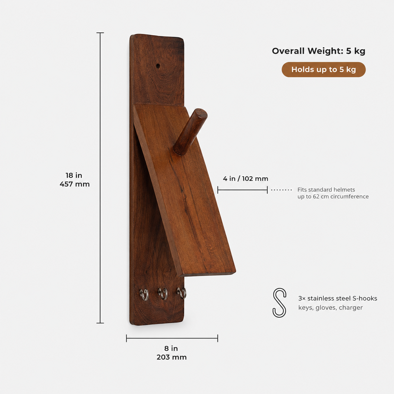 Solid Teak Wooden Helmet Holder Wall Mount with Key Hooks