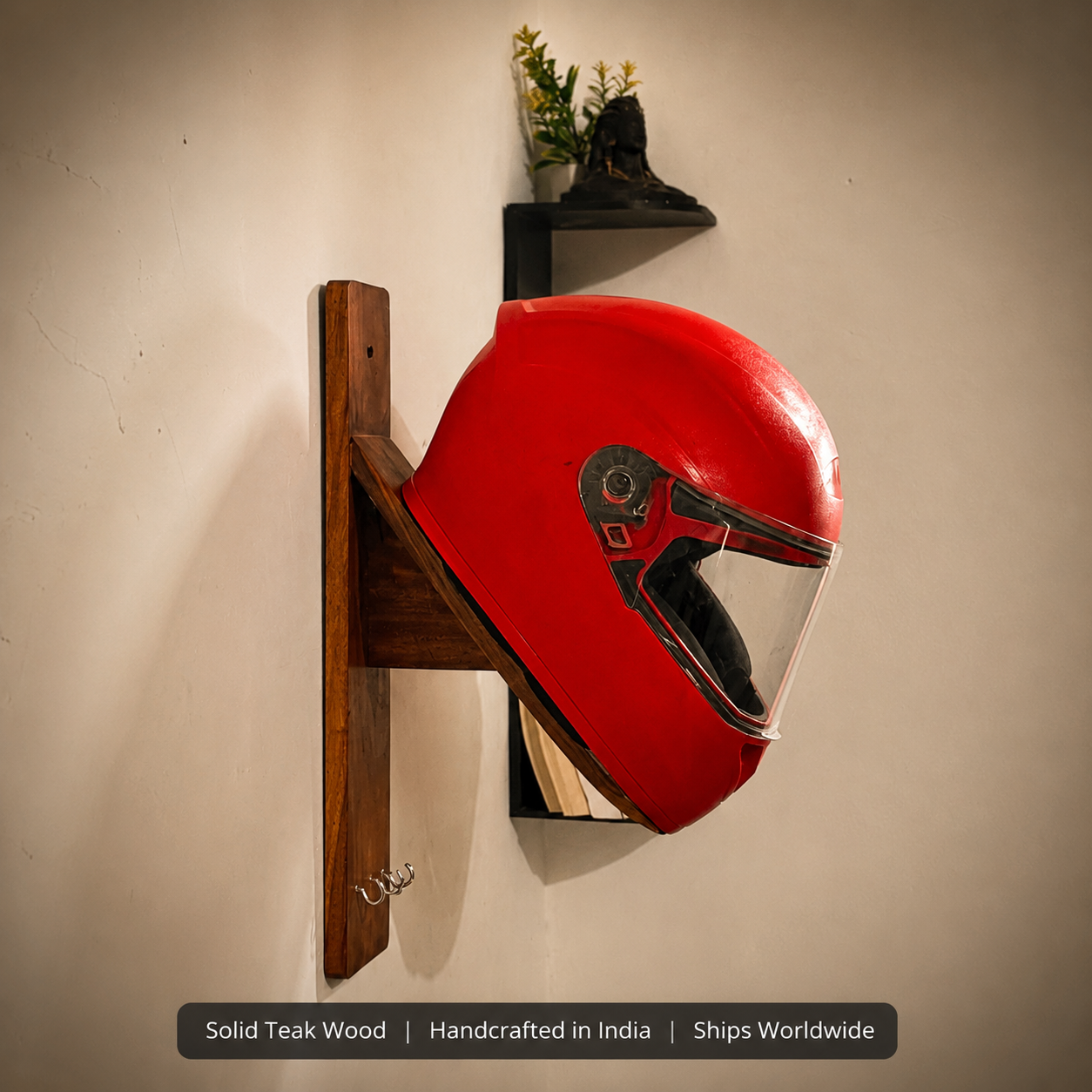 Solid Teak Wooden Helmet Holder Wall Mount with Key Hooks