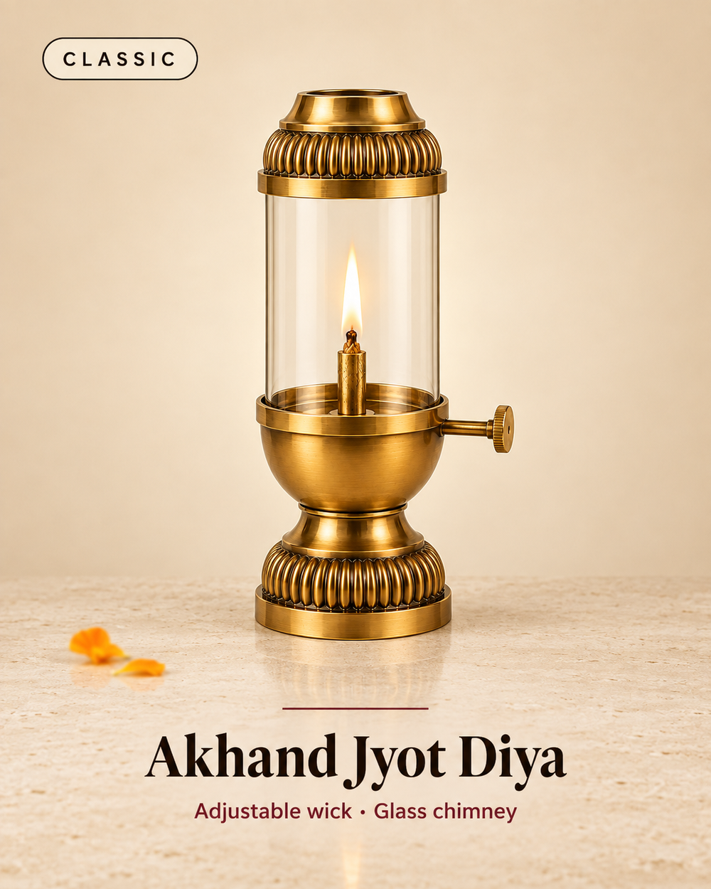 Akhand Jyot Windproof Brass Diya with Wick Adjuster | Borosilicate Chimney Lamp for Navratri Puja Room