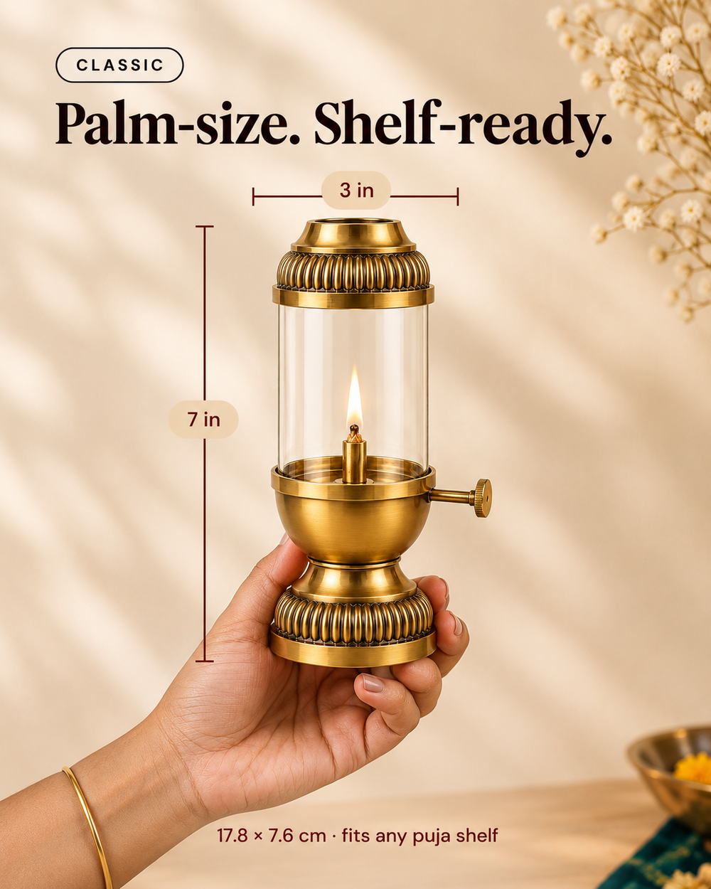 Akhand Jyot Windproof Brass Diya with Wick Adjuster | Borosilicate Chimney Lamp for Navratri Puja Room