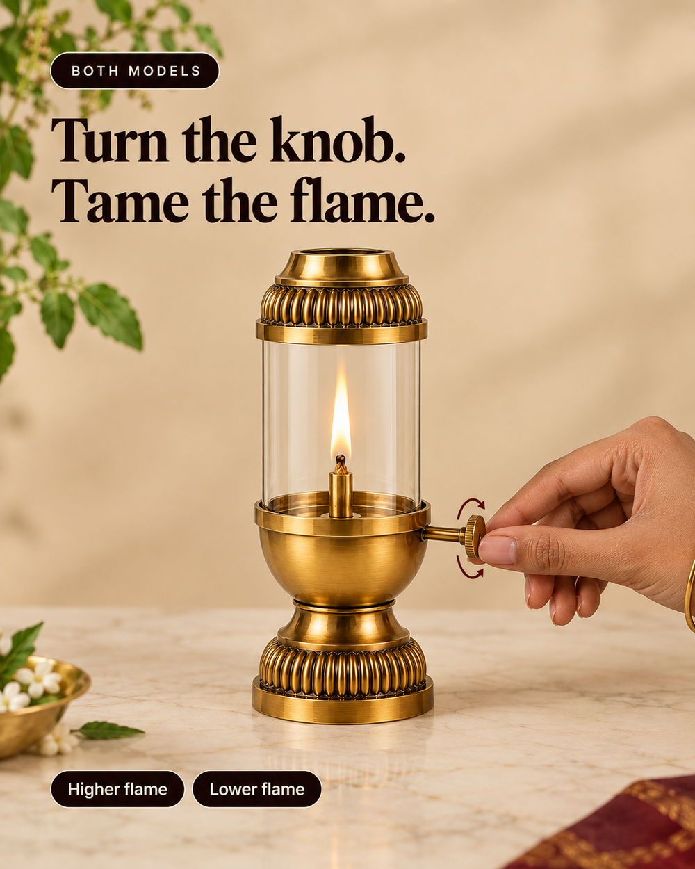 Akhand Jyot Windproof Brass Diya with Wick Adjuster | Borosilicate Chimney Lamp for Navratri Puja Room