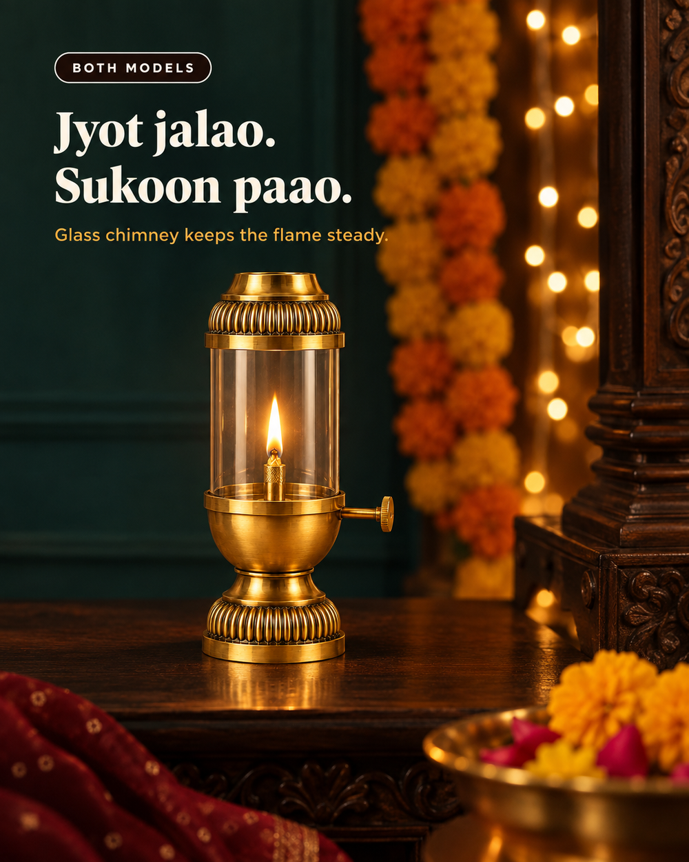 Akhand Jyot Windproof Brass Diya with Wick Adjuster | Borosilicate Chimney Lamp for Navratri Puja Room