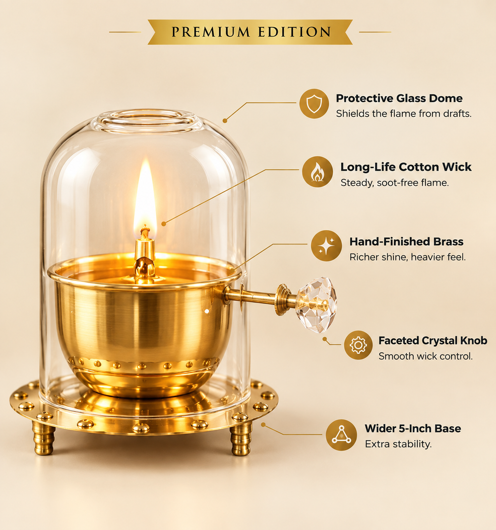 Akhand Jyot Windproof Brass Diya with Wick Adjuster | Borosilicate Chimney Lamp for Navratri Puja Room