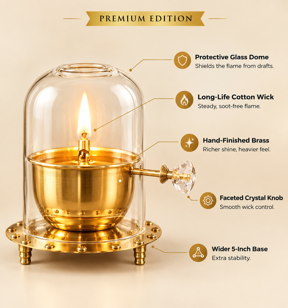 Akhand Jyot Windproof Brass Diya with Wick Adjuster | Borosilicate Chimney Lamp for Navratri Puja Room
