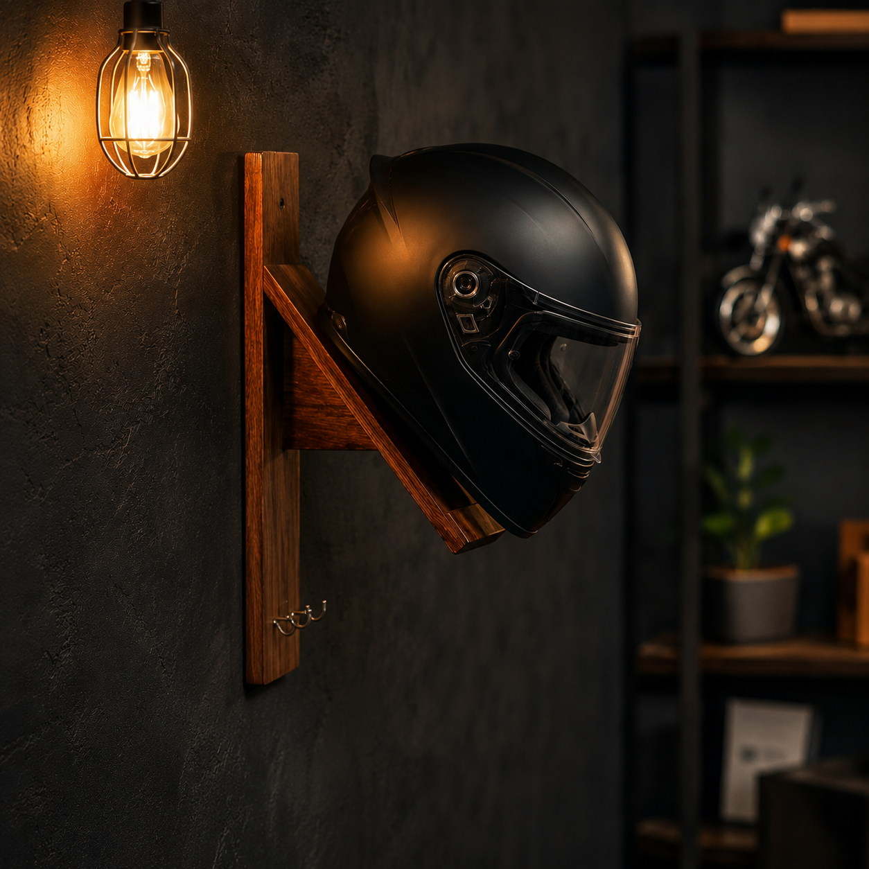 Wooden Helmet Holder Wall Mount for Bikes in India | Solid Teak Wood Helmet Stand with Key Hooks