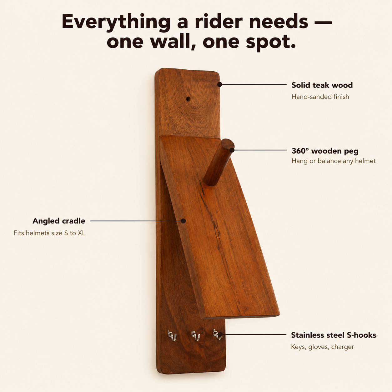 Wooden Helmet Holder Wall Mount for Bikes in India | Solid Teak Wood Helmet Stand with Key Hooks