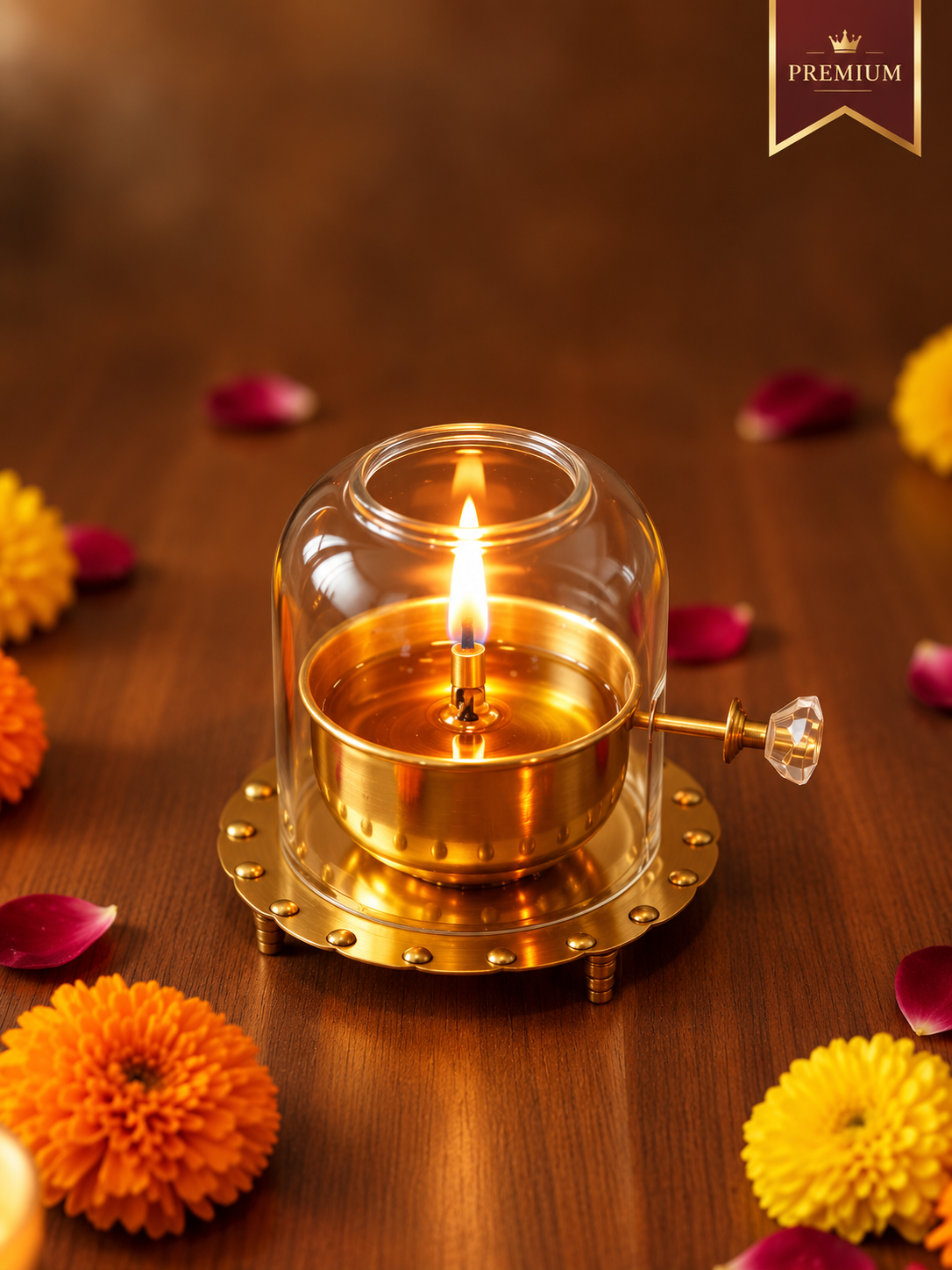 Akhand Jyot Windproof Brass Diya with Wick Adjuster | Borosilicate Chimney Lamp for Navratri Puja Room