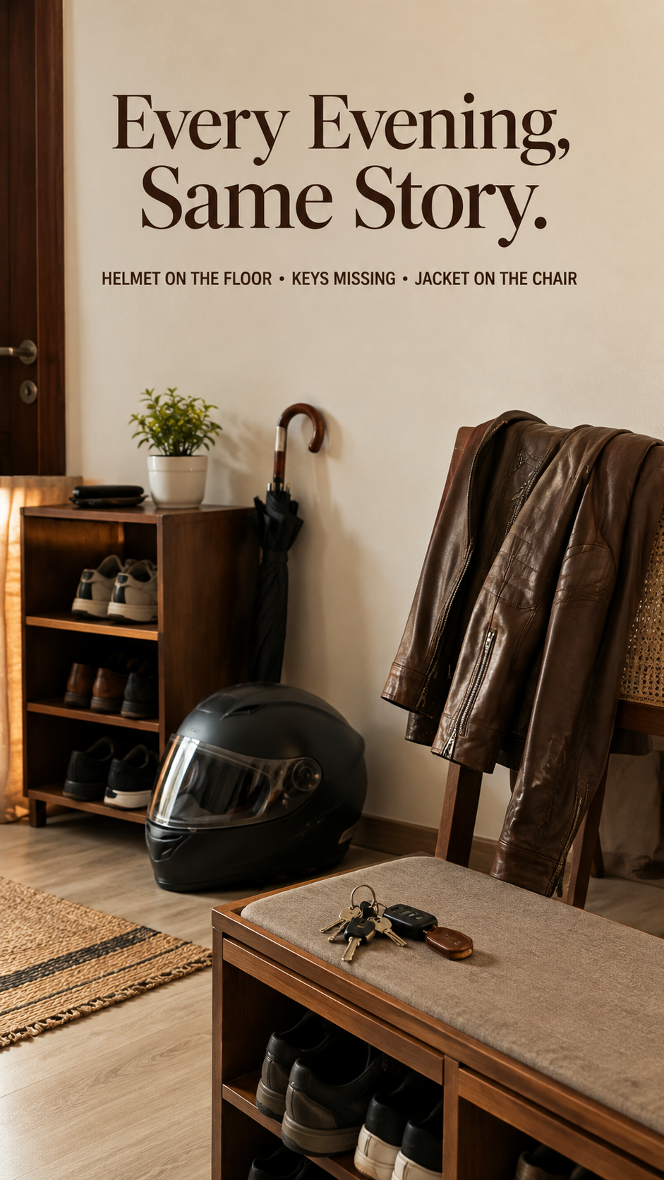 Before: helmet, keys and jacket left around the home