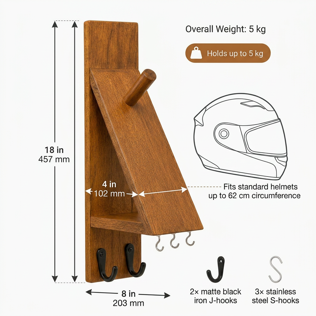 Solid Teak Wooden Helmet Holder Wall Mount with Key Hooks