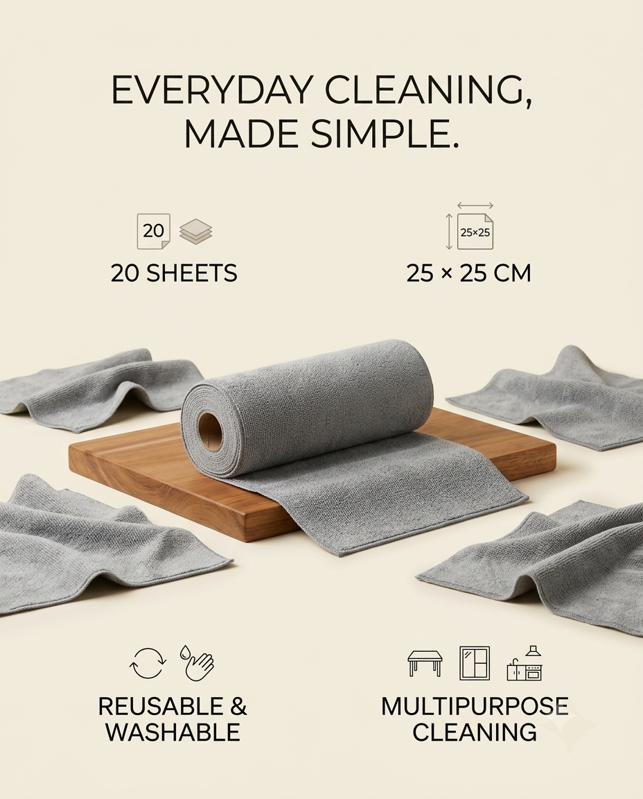 Multipurpose Reusable Microfiber Wipe Roll for Home & Kitchen Cleaning
