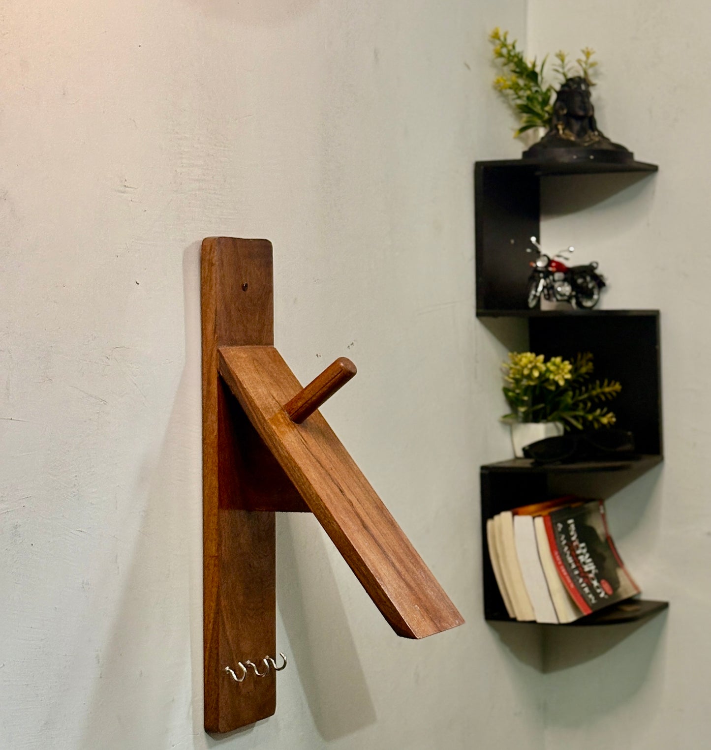 Wooden Helmet Holder Wall Mount for Bikes in India | Solid Teak Wood Helmet Stand with Key Hooks