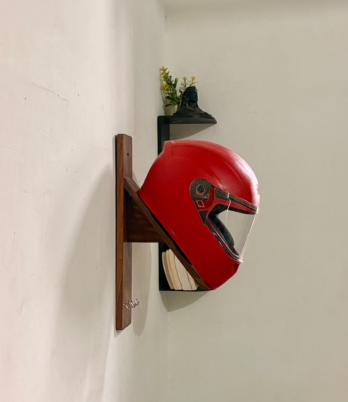 Wooden Helmet Holder Wall Mount for Bikes in India | Solid Teak Wood Helmet Stand with Key Hooks