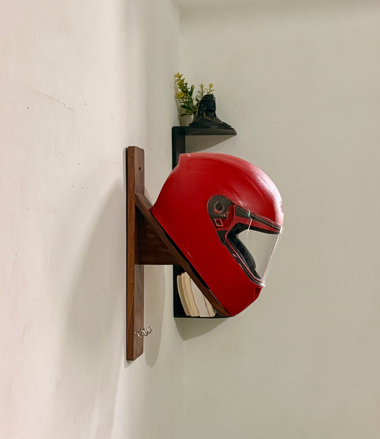 Wooden Helmet Holder Wall Mount for Bikes in India | Solid Teak Wood Helmet Stand with Key Hooks