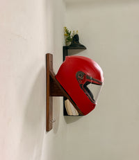 Wooden Helmet Holder Wall Mount for Bikes in India | Solid Teak Wood Helmet Stand with Key Hooks
