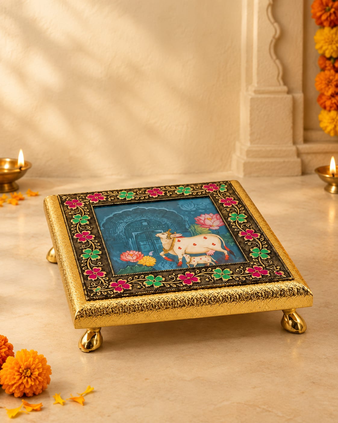 Handcrafted Brass-Finished Pichwai Puja Chowki