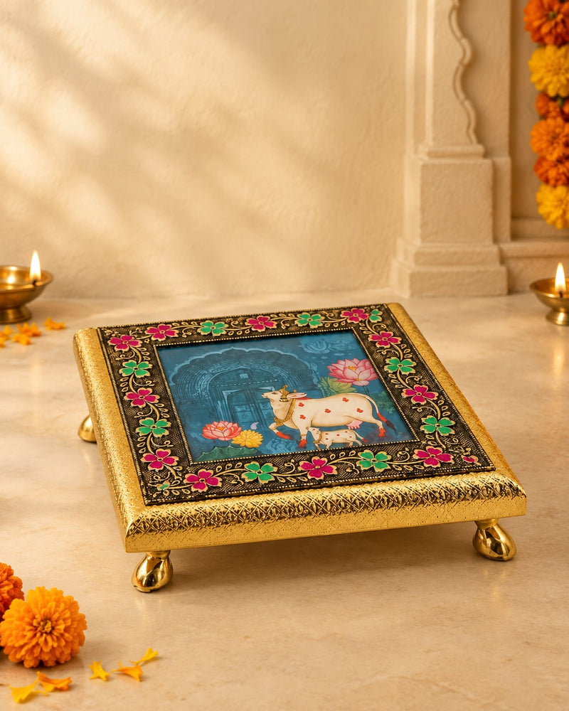 Handcrafted Brass-Finished Pichwai Puja Chowki