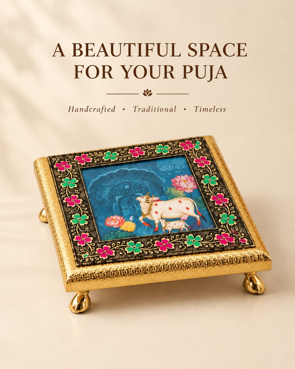 Handcrafted Brass-Finished Pichwai Puja Chowki