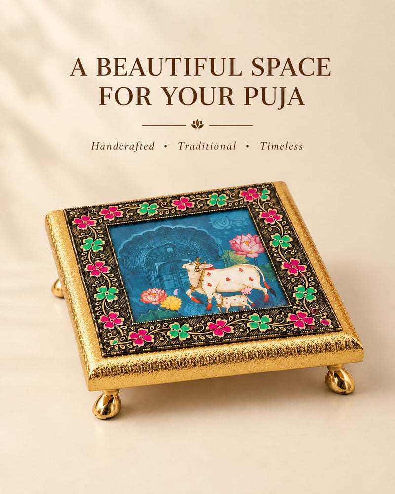 Handcrafted Brass-Finished Pichwai Puja Chowki