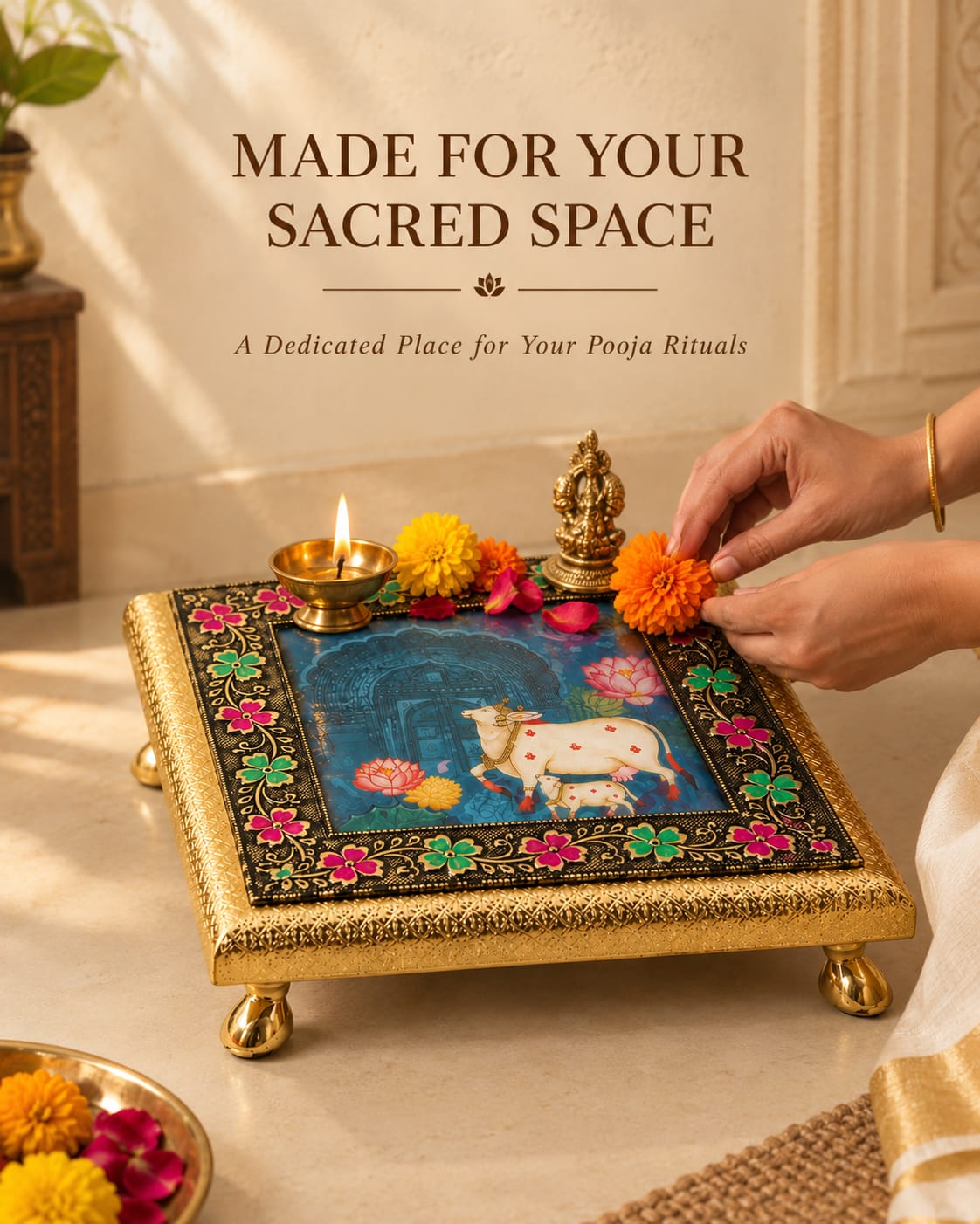 Handcrafted Brass-Finished Pichwai Puja Chowki