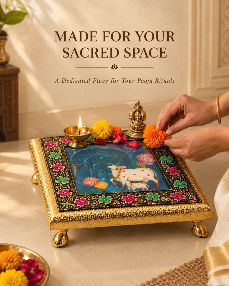 Handcrafted Brass-Finished Pichwai Puja Chowki